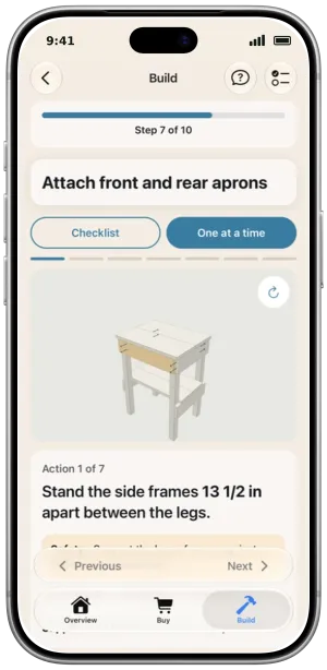 A build step: attach the front and rear aprons, shown on the 3D model