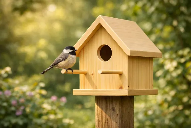 Cedar birdhouse with sloped roof, mounted on a wooden post outdoors