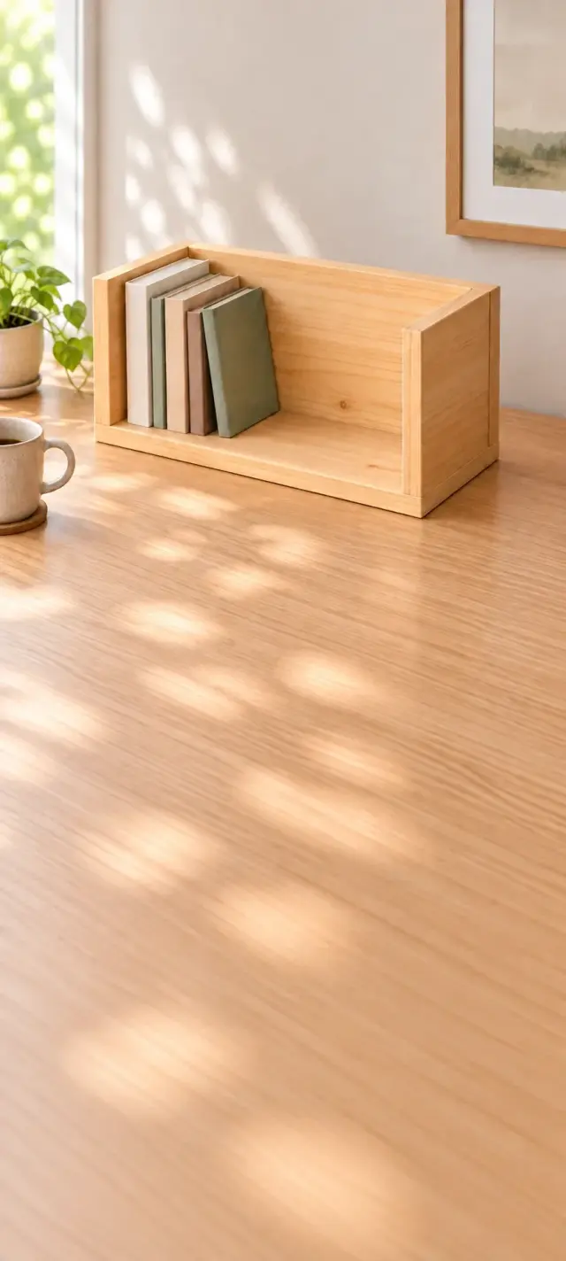 Four-board pine desktop book caddy with books on the left and an open front.