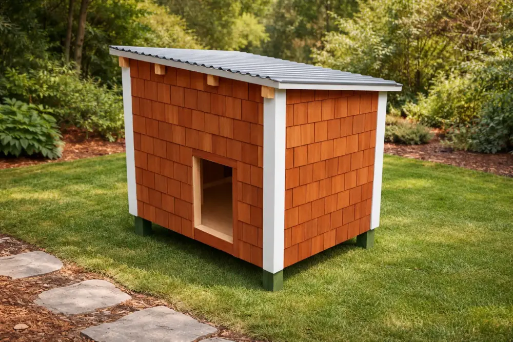 Wooden dog house with cedar shingle siding, a sloped metal roof and a front entry, on a lawn