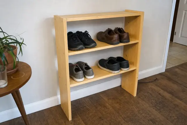 Three-shelf pine shoe rack with shoes on it, standing on a garage workbench with clamps on pegboard behind