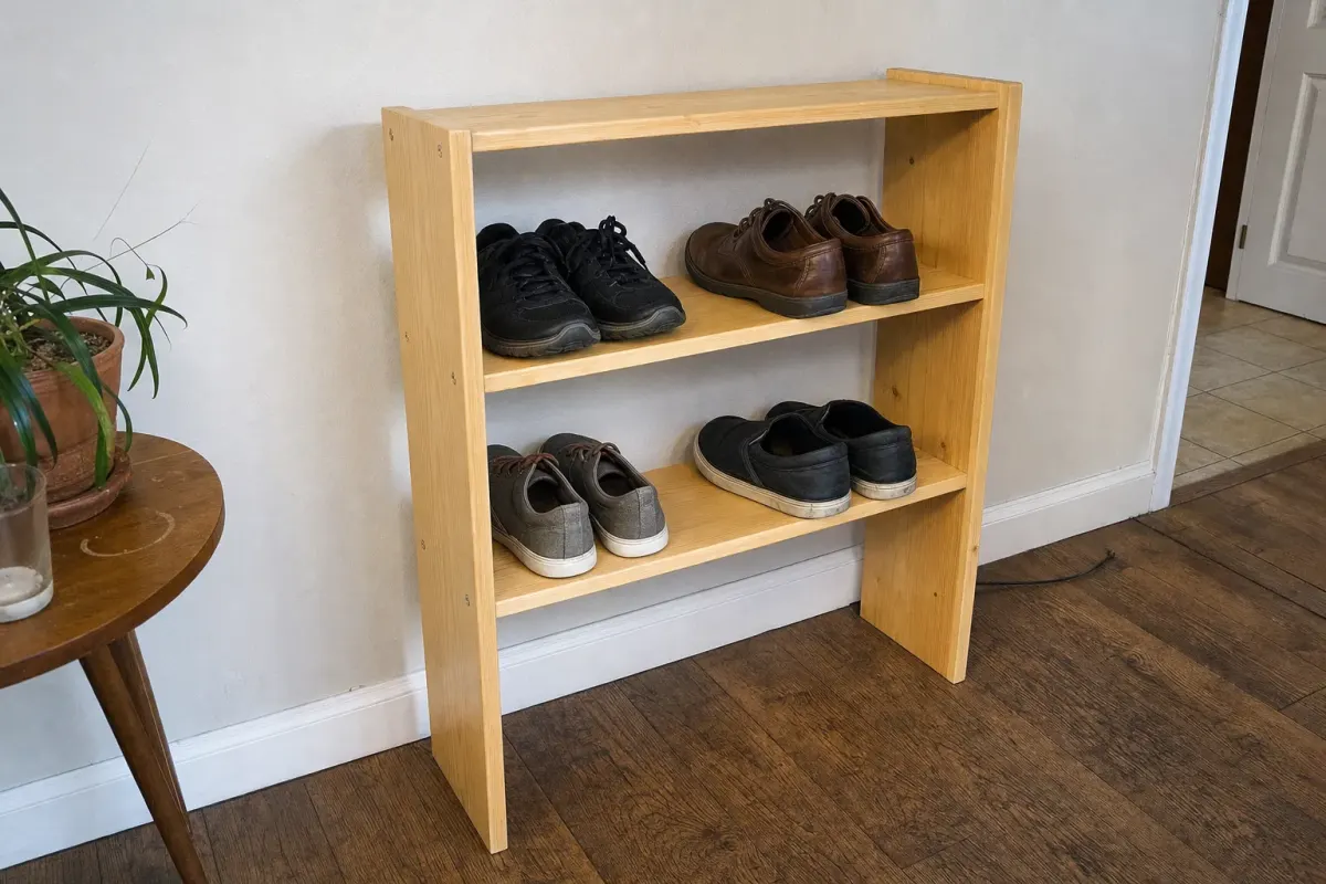Three-shelf pine shoe rack with shoes on it, standing on a garage workbench with clamps on pegboard behind