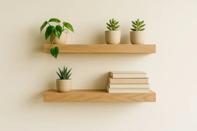 Three modern floating shelves mounted on a white wall, holding books and plants