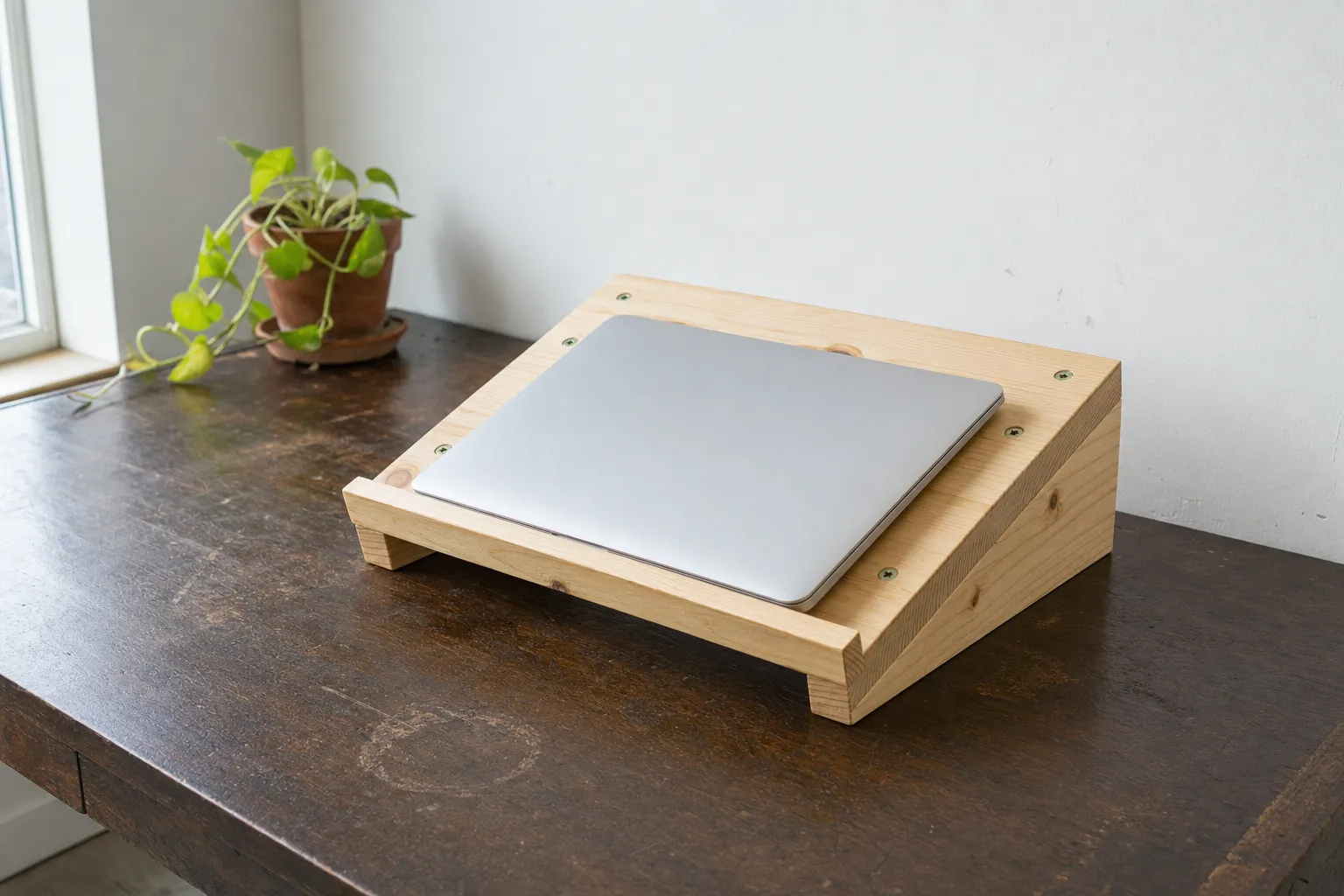 Homemade pine laptop stand with a raised front lip holding a closed silver laptop on a worn wooden desk by a window