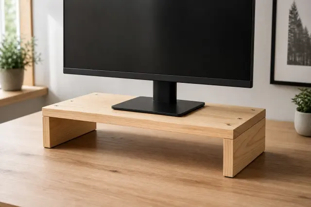 Natural pine three-piece monitor riser supporting one monitor on a warm home-office desk