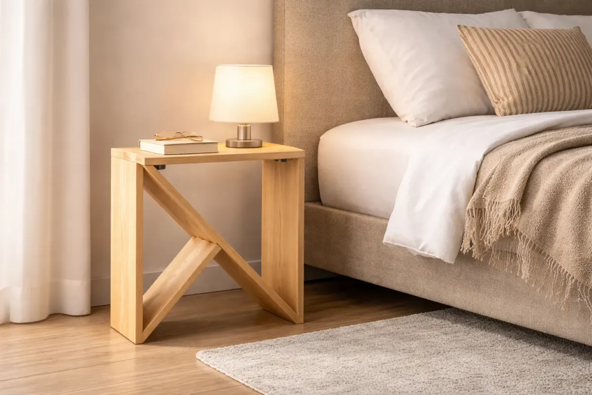 Pine nightstand with a natural finish and a crossed X-brace side, holding a lamp and a book beside a bed