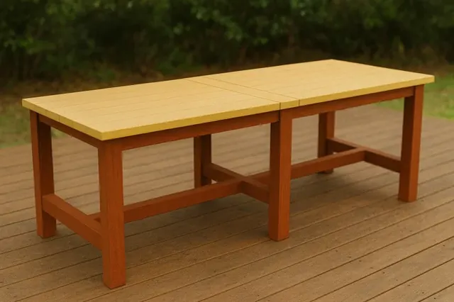 Cedar outdoor dining table on a wooden deck, set for six people