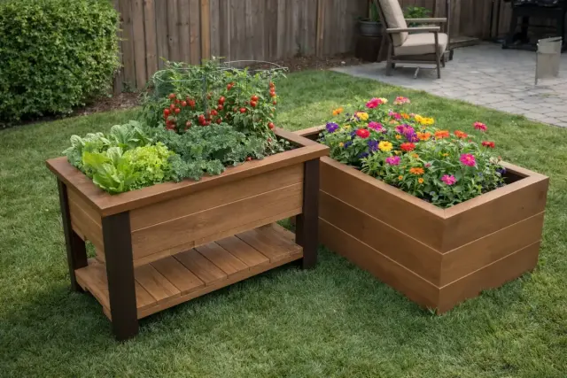 Two raised wooden garden planter boxes on legs growing vegetables and flowers on a backyard lawn