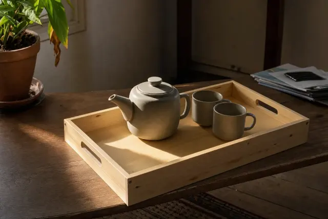 Shallow pine serving tray with hand-hold slots holding a teapot and two mugs on a dark table in low afternoon sun