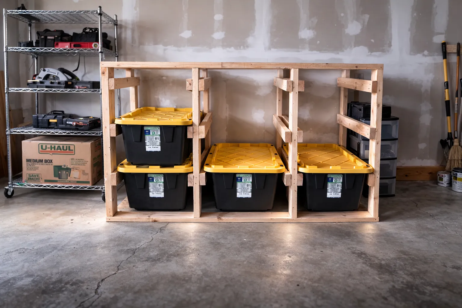 Three-bay wooden 2x4 tote storage rack in a garage, holding black and yellow storage totes